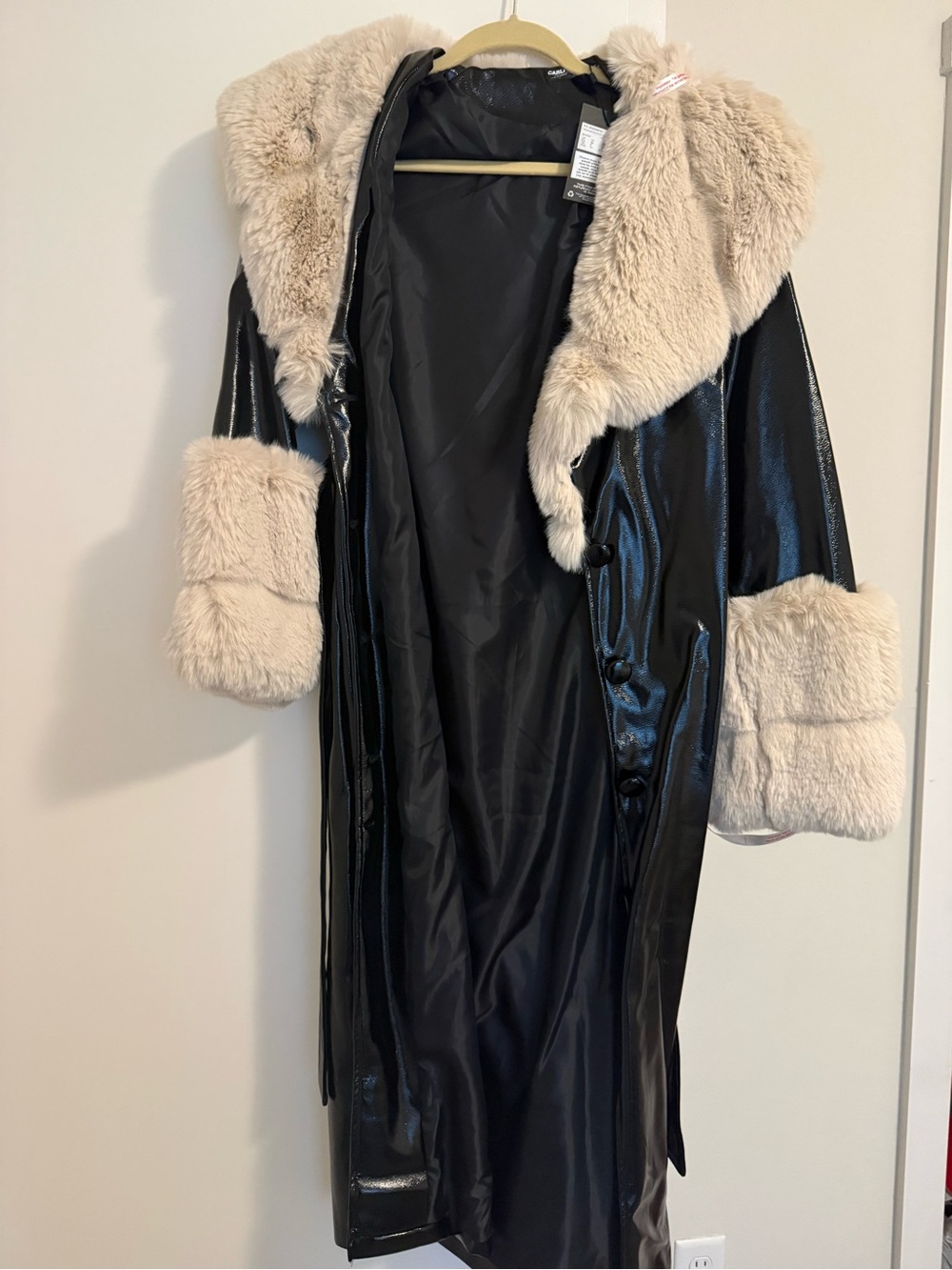 Missguided Black Faux Leather Trench Coat with Cream Faux-Fur Trim
